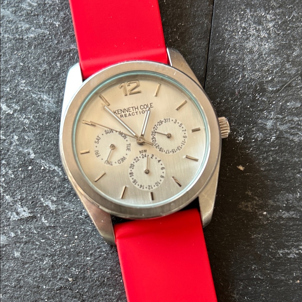 Kenneth Cole Reaction Red Strap Silver Dial Watch Unisex